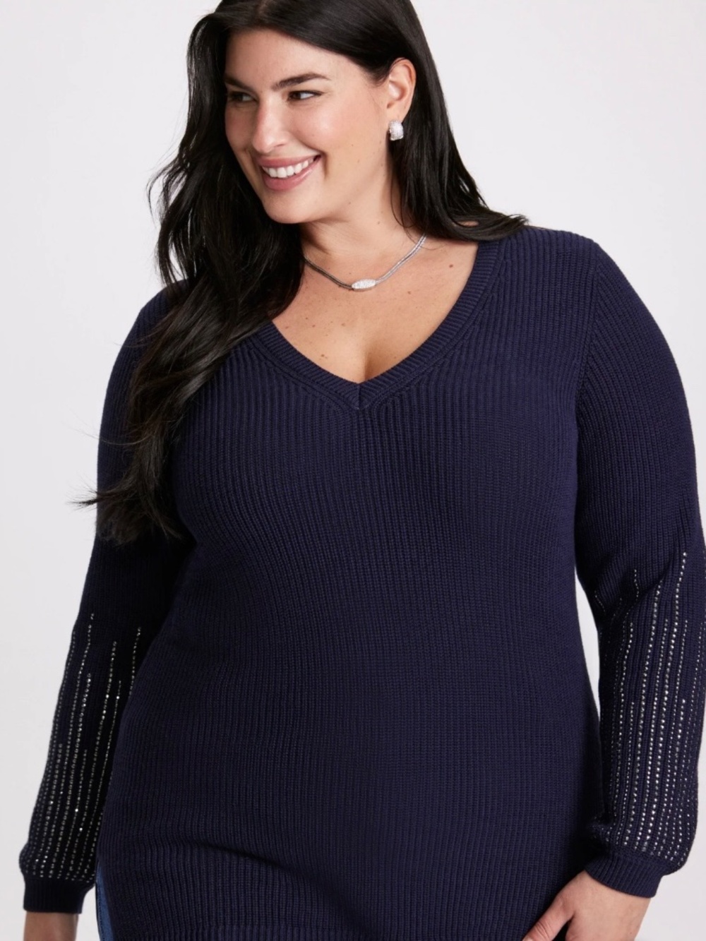 Laura Navy Blue Ribbed V-Neck Tunic Sweater with Rhinestone Sleeves Size 3X